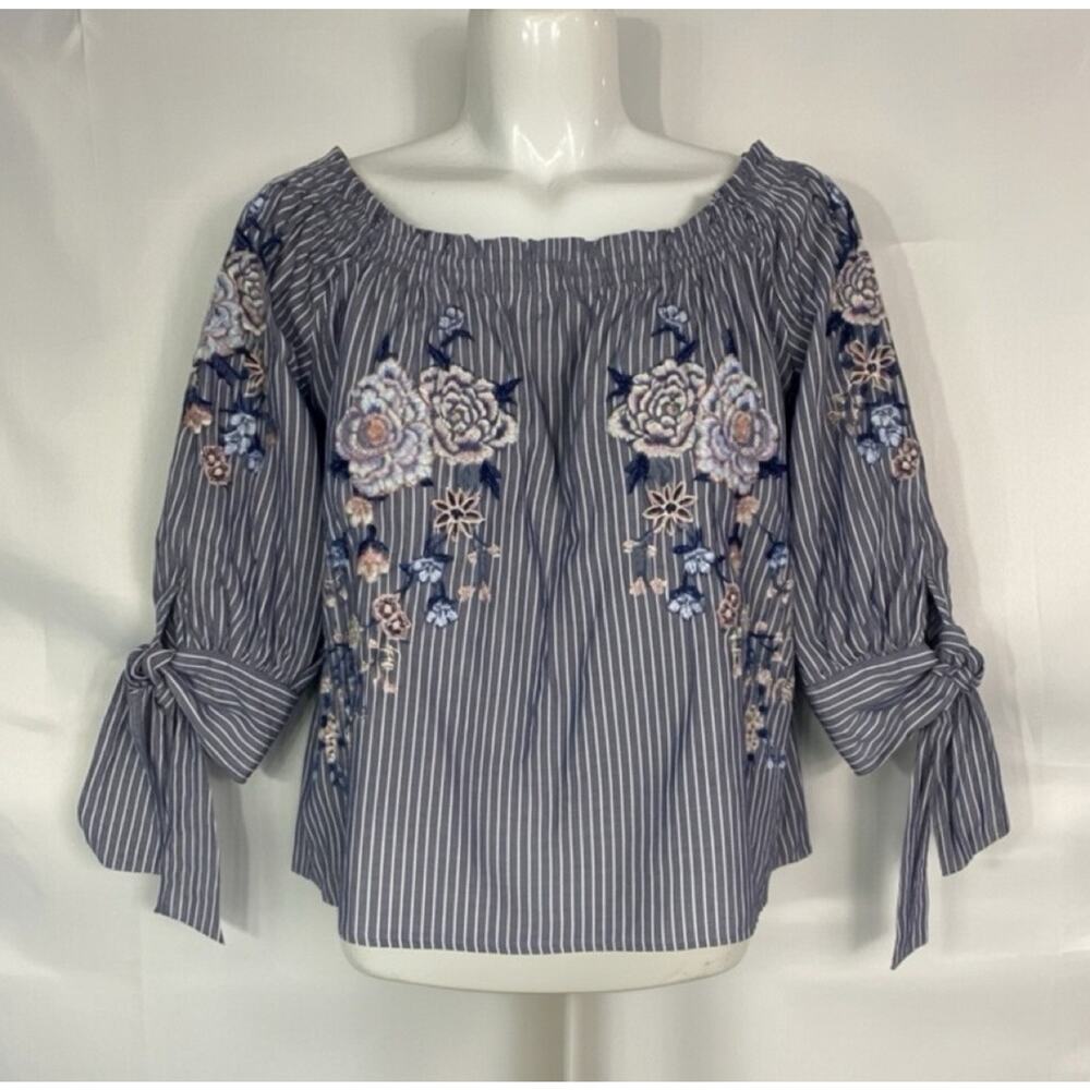 American Eagle Top Womens M Off Shoulder Striped Floral Blue Boho Peasant Blouse
